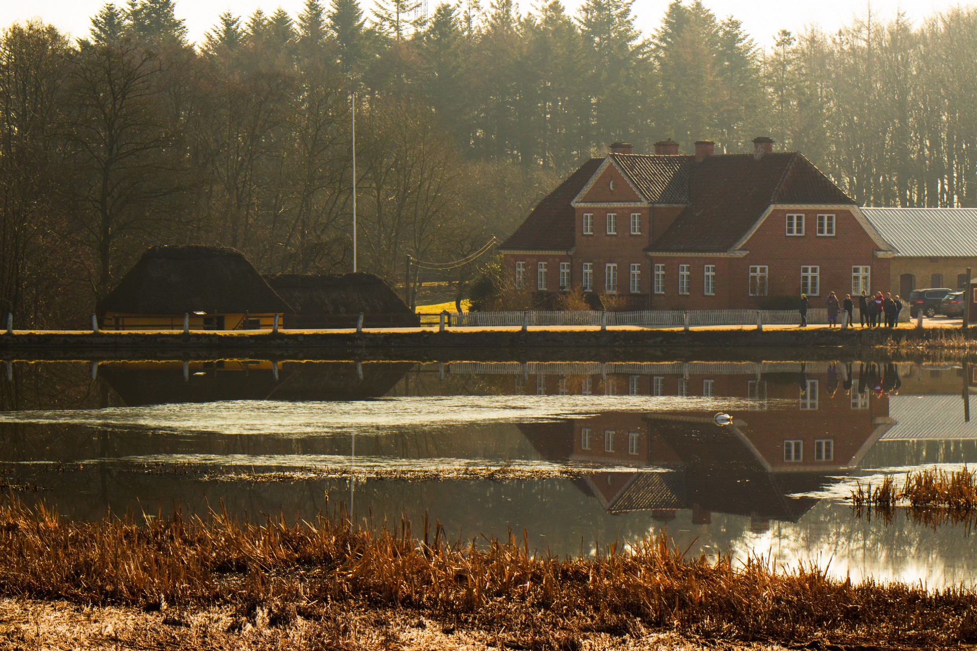 Dorf Møllegård, stuehus fra 1925 og foran den fine gule bindingsværks vandmøllen, beliggende ved Dorf Møllesø